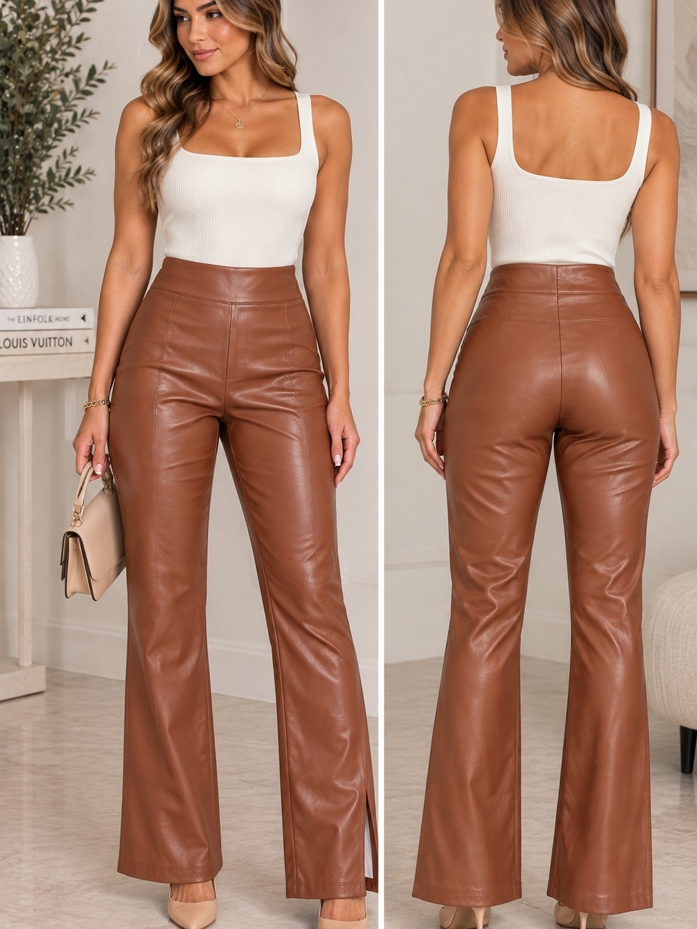 Shinestar High-Waist Tummy Control Faux Leather Flare Pants in Brown